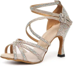 DKZSYIM Women's Satin Latin Dance Shoes Rhinestone Ballroom Salsa Performance Practice Dancing Shoes,Model YCL506