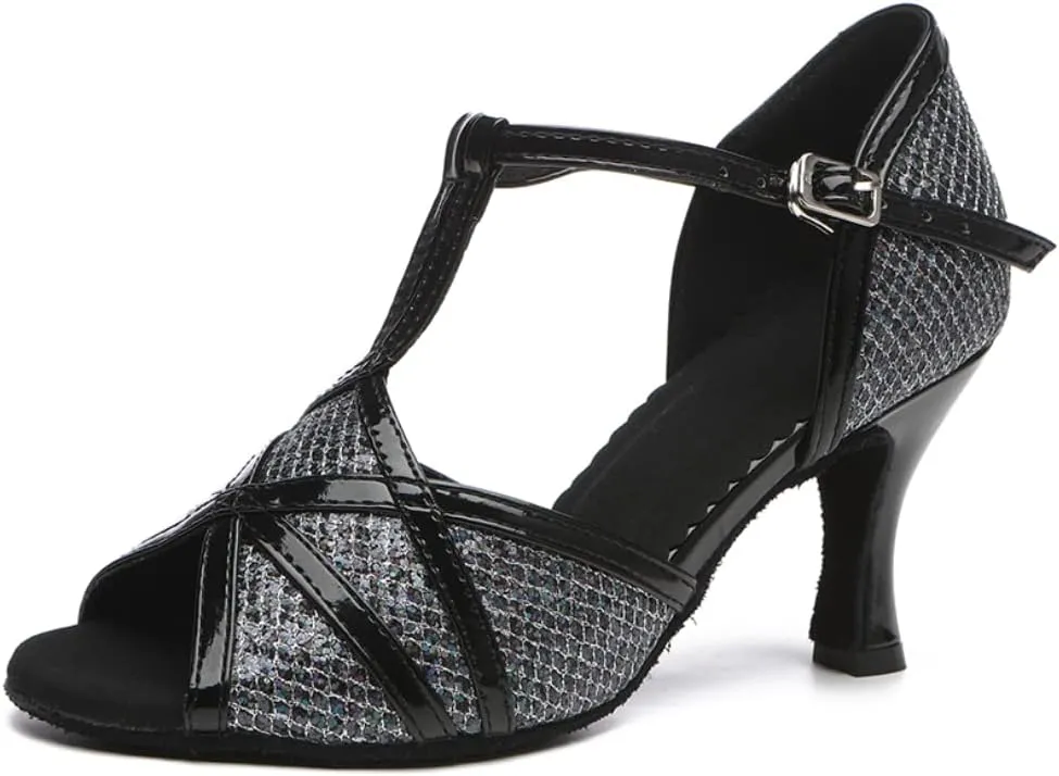 DKZSYIM Women's T-Strap Latin Dance Shoes Rhinestone Ballroom Salsa Performance Practice Dancing Shoes,Model YCL517