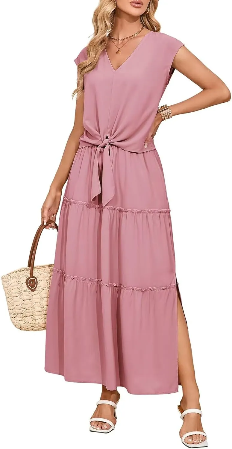 Dokotoo Women's Spring Summer 2 Piece Outfits 2025 Cap Sleeve V Neck Belted Crop Tops High Waist Maxi Skirt Set