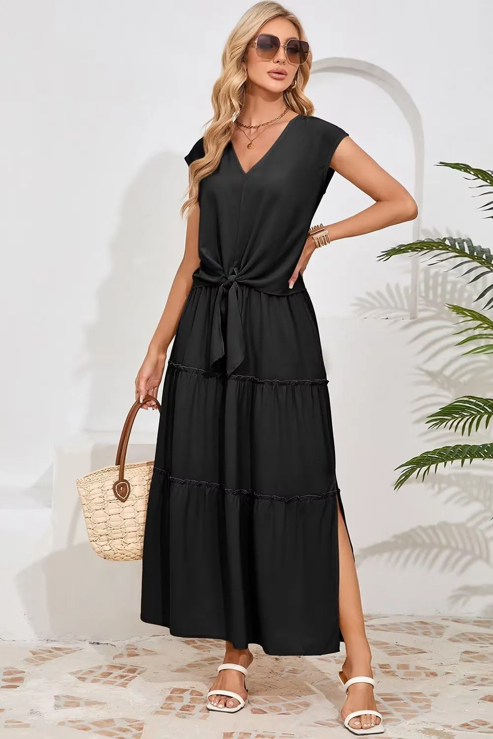 Dokotoo Women's Spring Summer 2 Piece Outfits 2025 Cap Sleeve V Neck Belted Crop Tops High Waist Maxi Skirt Set