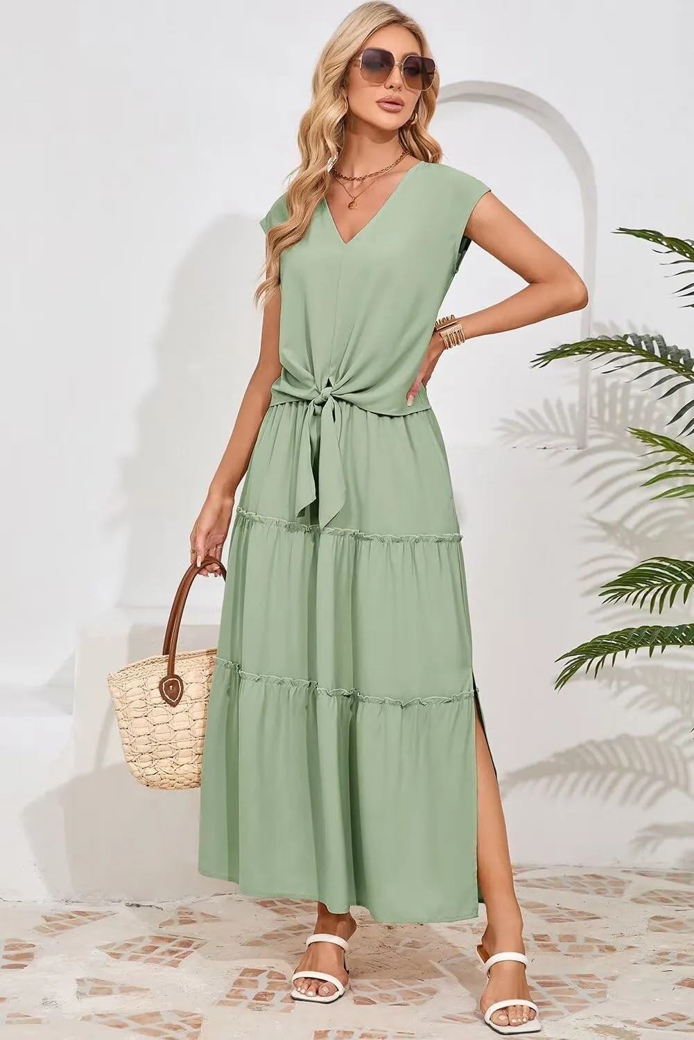 Dokotoo Women's Spring Summer 2 Piece Outfits 2025 Cap Sleeve V Neck Belted Crop Tops High Waist Maxi Skirt Set
