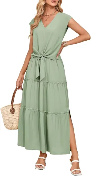 Dokotoo Women's Spring Summer 2 Piece Outfits 2025 Cap Sleeve V Neck Belted Crop Tops High Waist Maxi Skirt Set