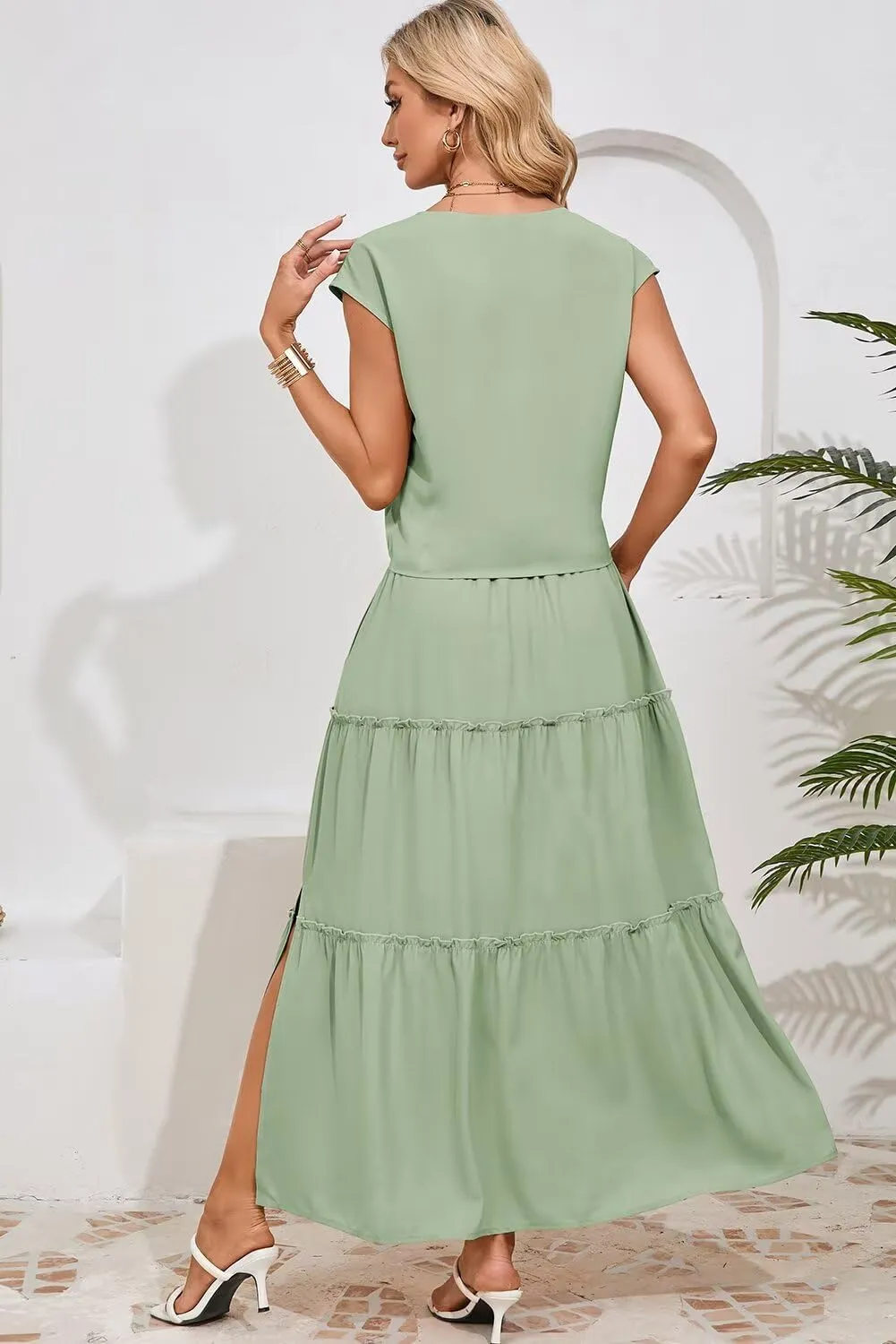 Dokotoo Women's Spring Summer 2 Piece Outfits 2025 Cap Sleeve V Neck Belted Crop Tops High Waist Maxi Skirt Set