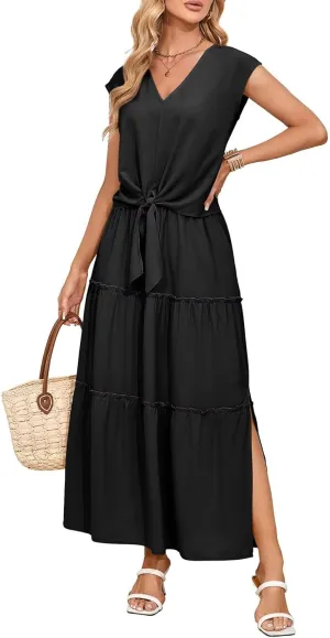 Dokotoo Women's Spring Summer 2 Piece Outfits 2025 Cap Sleeve V Neck Belted Crop Tops High Waist Maxi Skirt Set