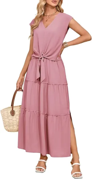 Dokotoo Women's Spring Summer 2 Piece Outfits 2025 Cap Sleeve V Neck Belted Crop Tops High Waist Maxi Skirt Set