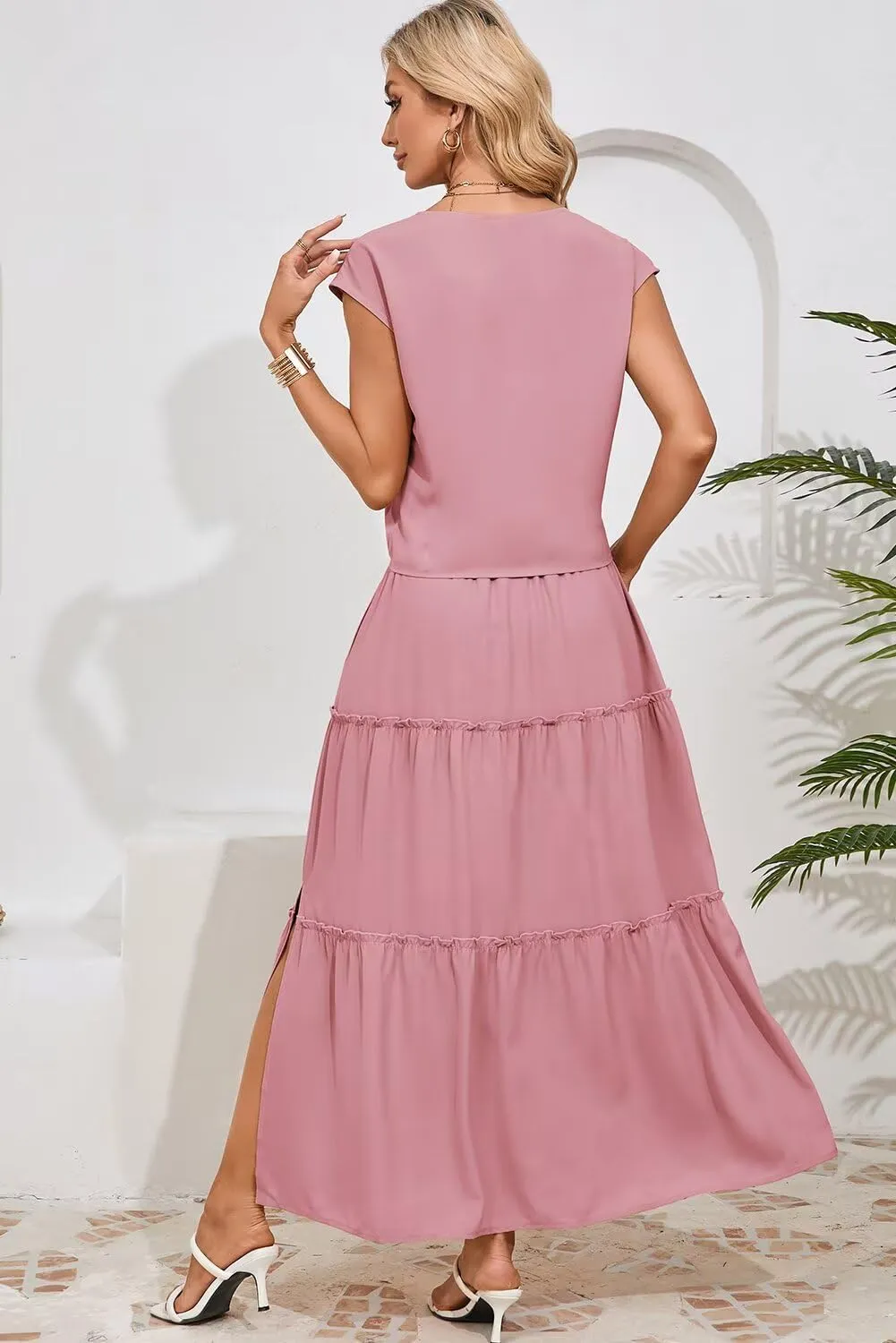 Dokotoo Women's Spring Summer 2 Piece Outfits 2025 Cap Sleeve V Neck Belted Crop Tops High Waist Maxi Skirt Set