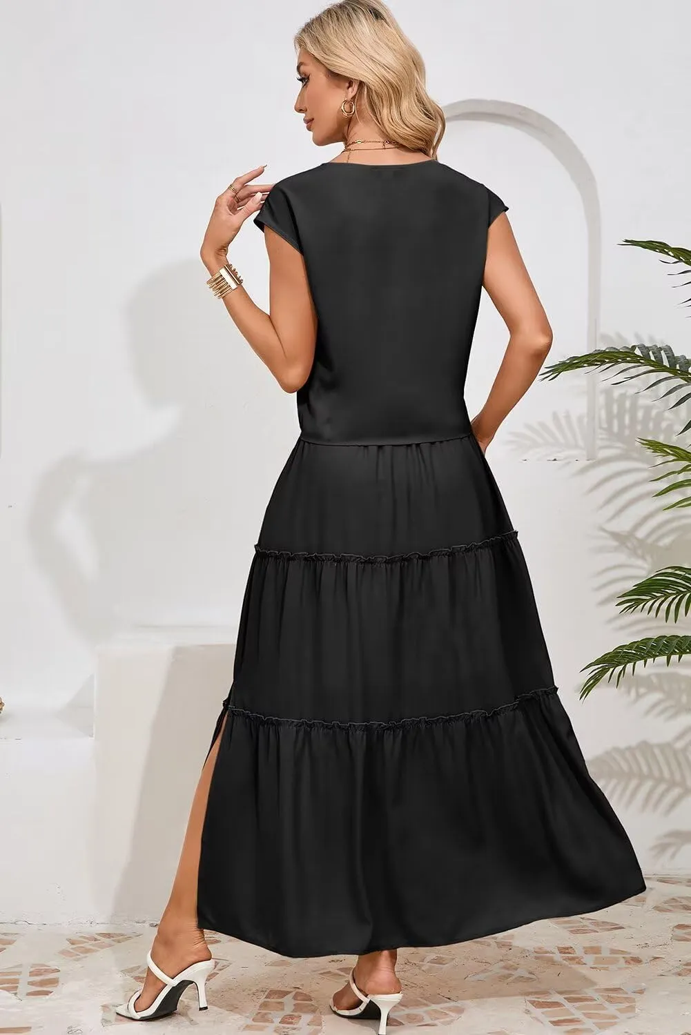 Dokotoo Women's Spring Summer 2 Piece Outfits 2025 Cap Sleeve V Neck Belted Crop Tops High Waist Maxi Skirt Set