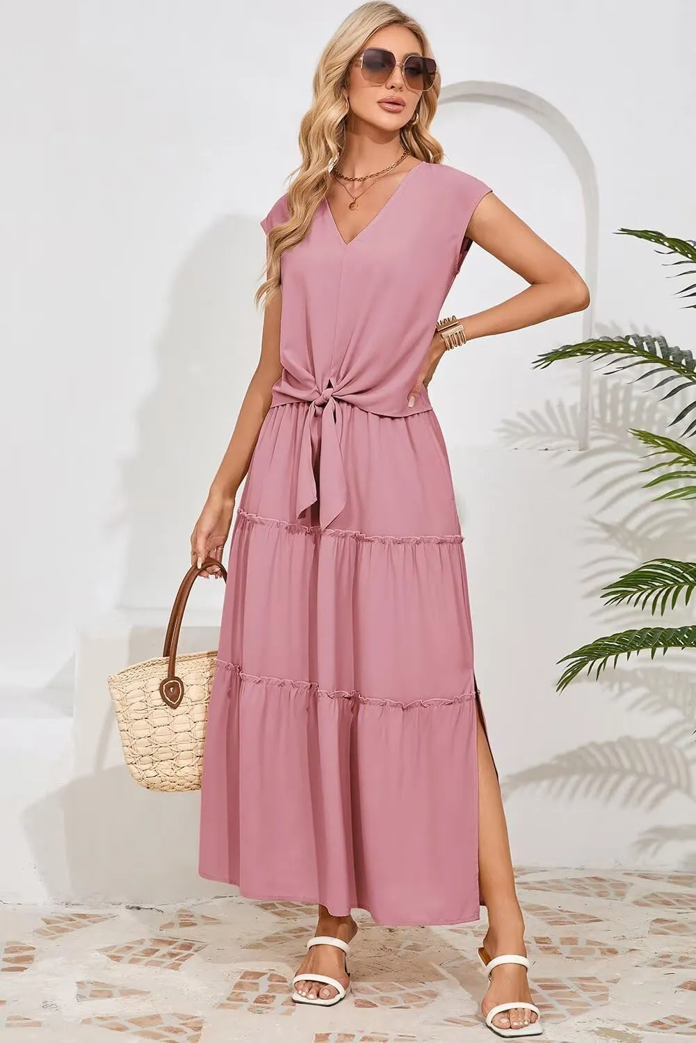 Dokotoo Women's Spring Summer 2 Piece Outfits 2025 Cap Sleeve V Neck Belted Crop Tops High Waist Maxi Skirt Set
