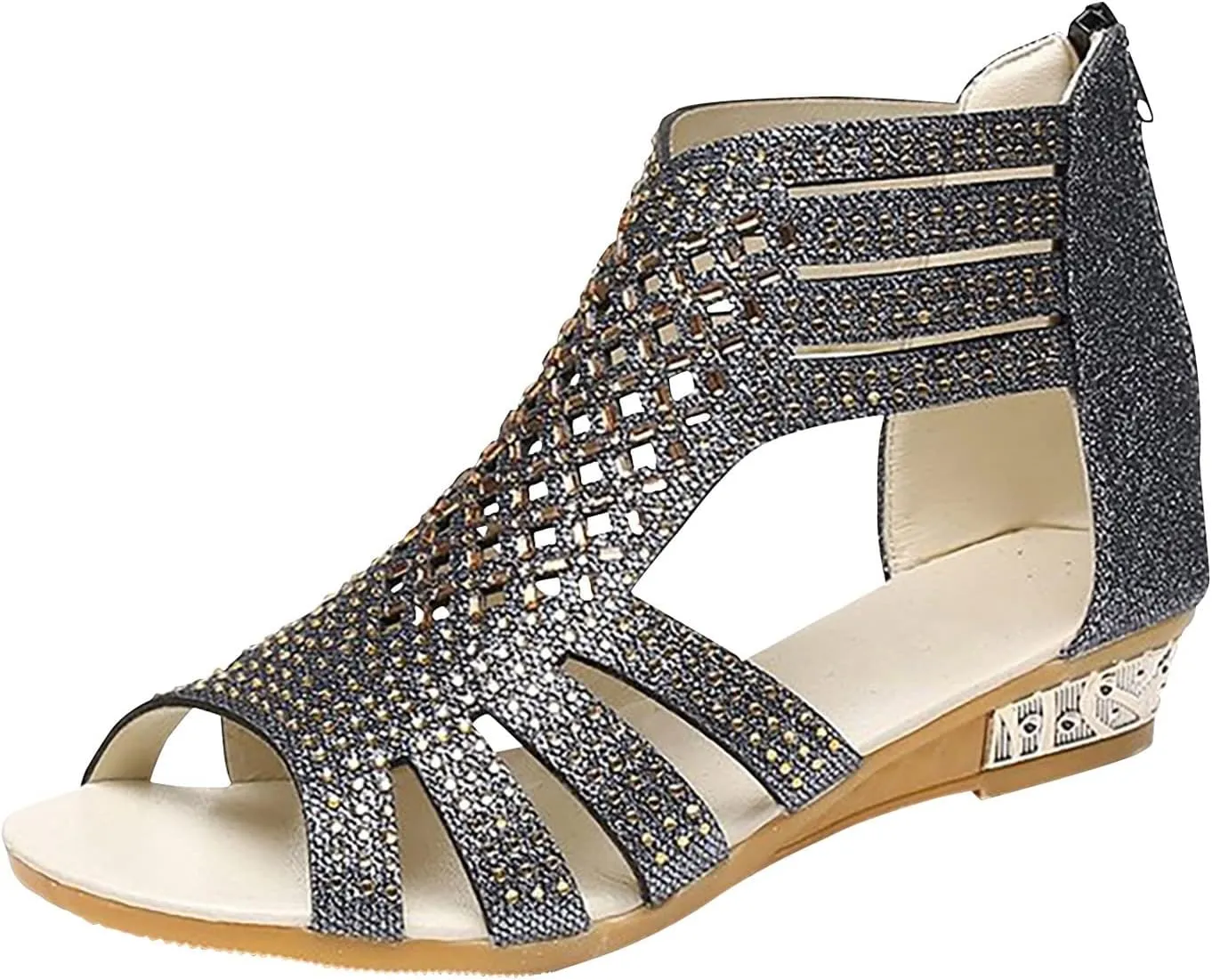 Eduavar Sandals for Women Casual Summer, Beach Sandals for Women Summer Gladiator Sandals Rhinestone Zip Up Low Wedge Sandals