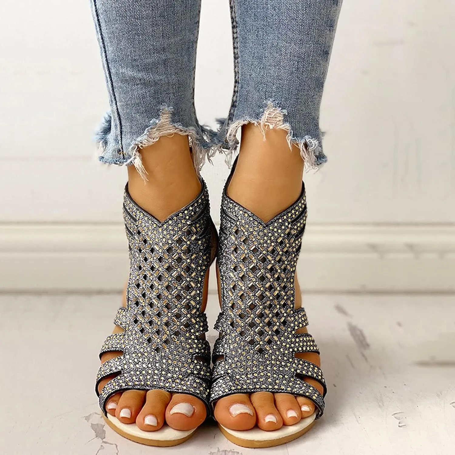 Eduavar Sandals for Women Casual Summer, Beach Sandals for Women Summer Gladiator Sandals Rhinestone Zip Up Low Wedge Sandals