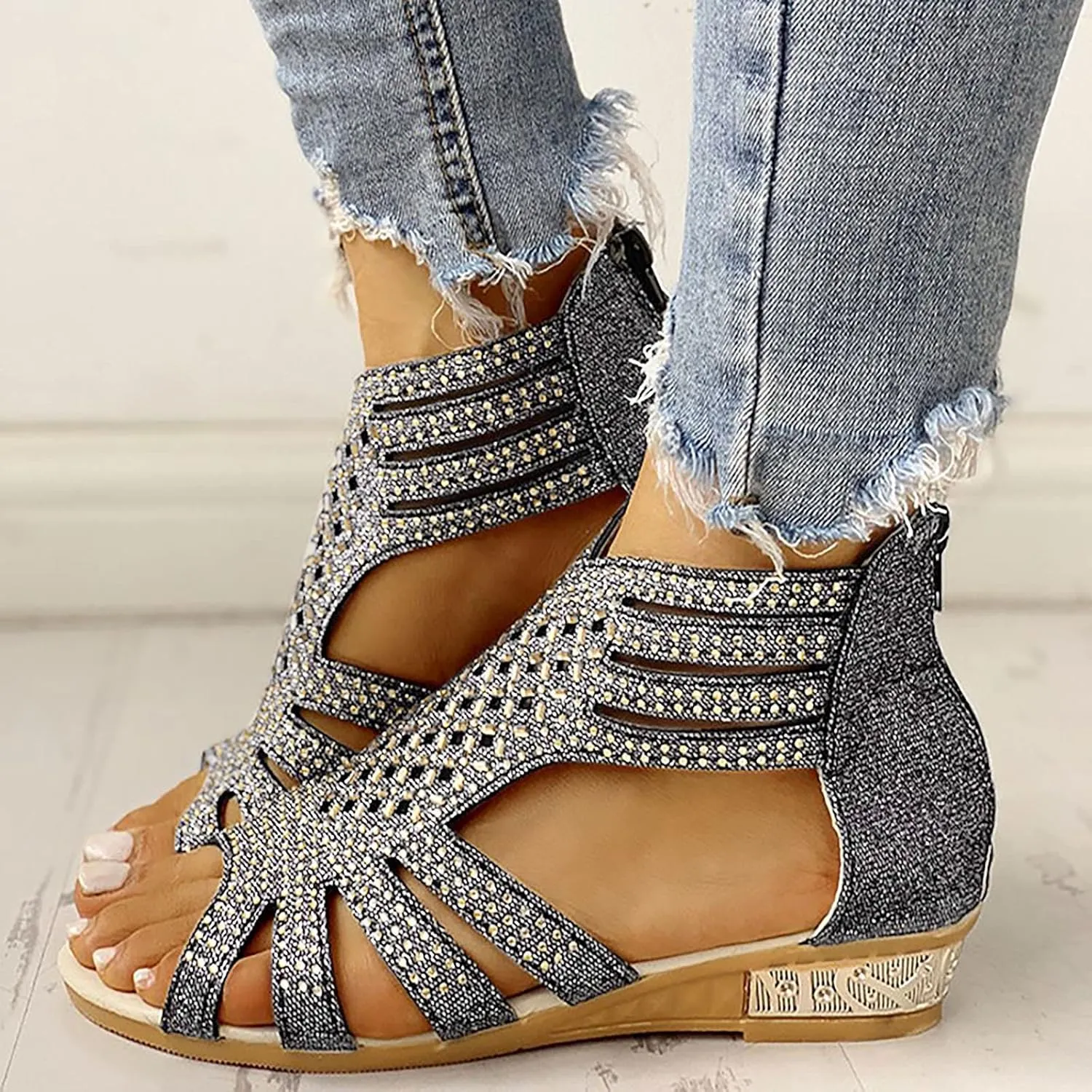 Eduavar Sandals for Women Casual Summer, Beach Sandals for Women Summer Gladiator Sandals Rhinestone Zip Up Low Wedge Sandals