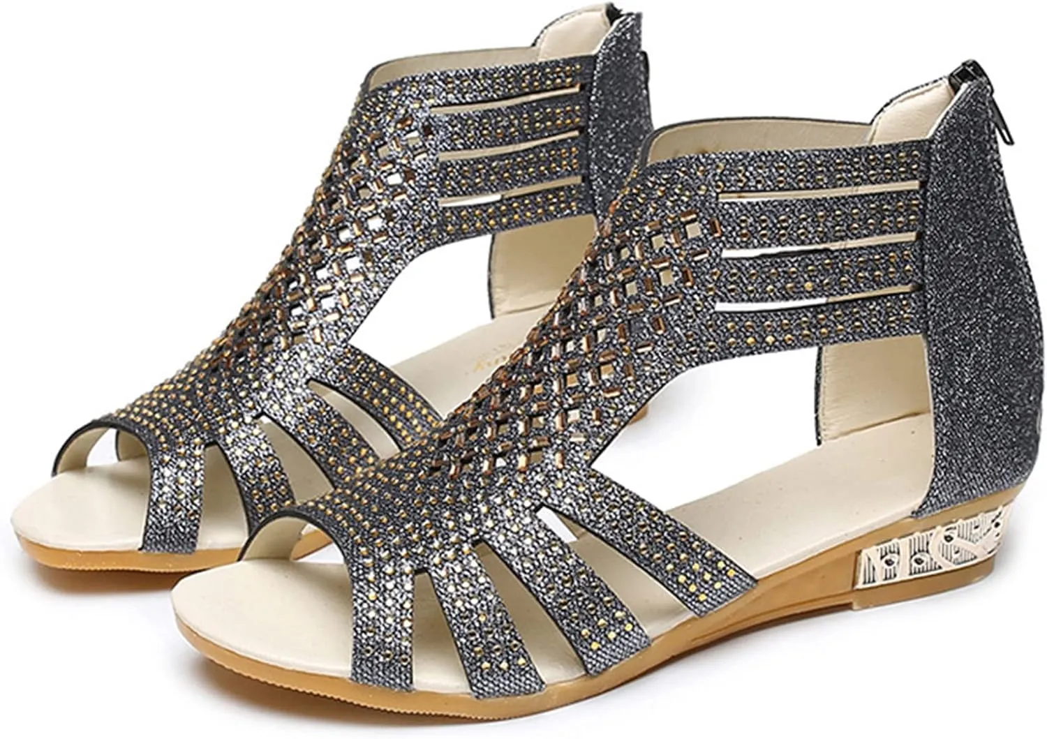 Eduavar Sandals for Women Casual Summer, Beach Sandals for Women Summer Gladiator Sandals Rhinestone Zip Up Low Wedge Sandals