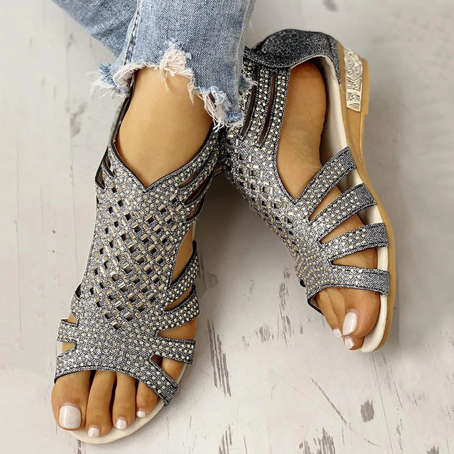 Eduavar Sandals for Women Casual Summer, Beach Sandals for Women Summer Gladiator Sandals Rhinestone Zip Up Low Wedge Sandals