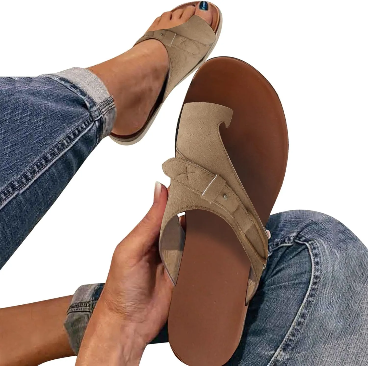 Eduavar Sandals for Women Casual Summer Orthopedic Correction Leather Ring Toe Sandals Solid/Leopard Print Flat Flip Flops
