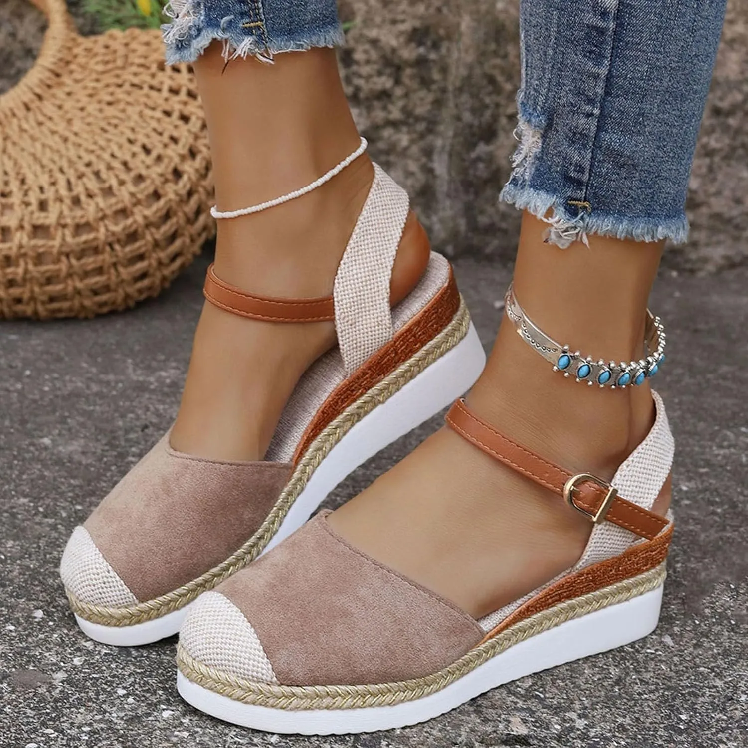 Eduavar Womens Sandals Casual Comfortable Cushion Adjustable Ankle Strap Sandals Flatform Platform Wedges Closed Toe Shoes