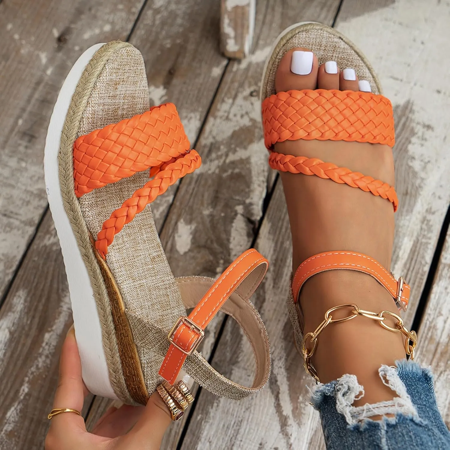 Eduavar Womens Sandals Casual Open Toe Ankle Strap Casual Flatform Platform Espadrilles Wedges Sandals Dressy Summer Shoes