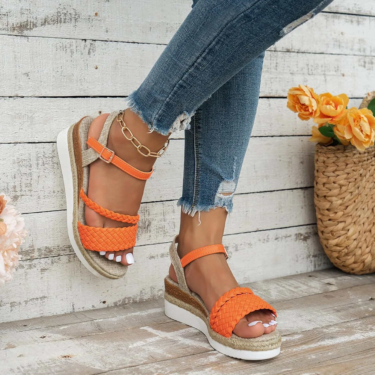Eduavar Womens Sandals Casual Open Toe Ankle Strap Casual Flatform Platform Espadrilles Wedges Sandals Dressy Summer Shoes