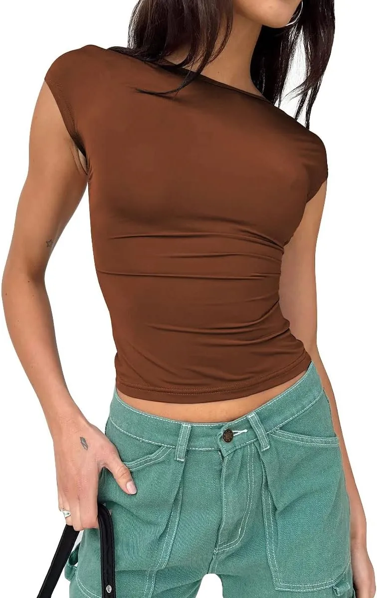 EFAN Womens Backless Tops Open Back Shirts Summer Crop Shirts Short Sleeve Cute Clothes Y2k Clothing 2025