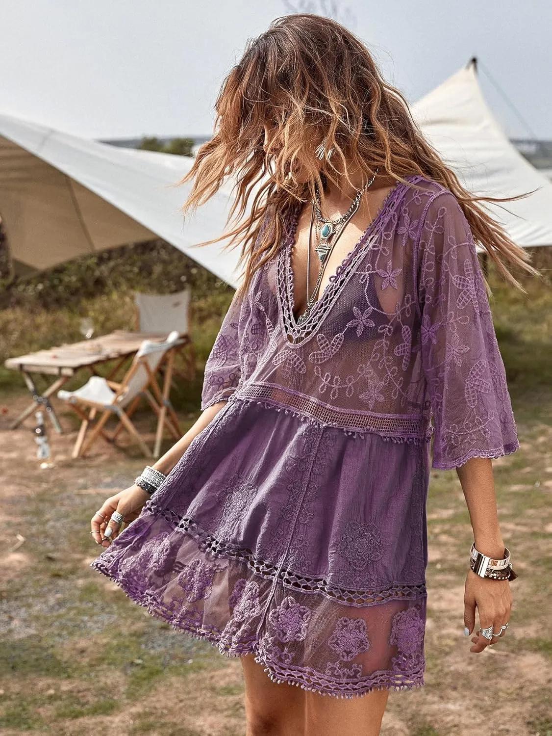 Eomenie Women's Contrast Lace Bathing Suit Cover Up V-Neck Swimsuit Coverups Loose Swimwear Beach Dress Beachwear