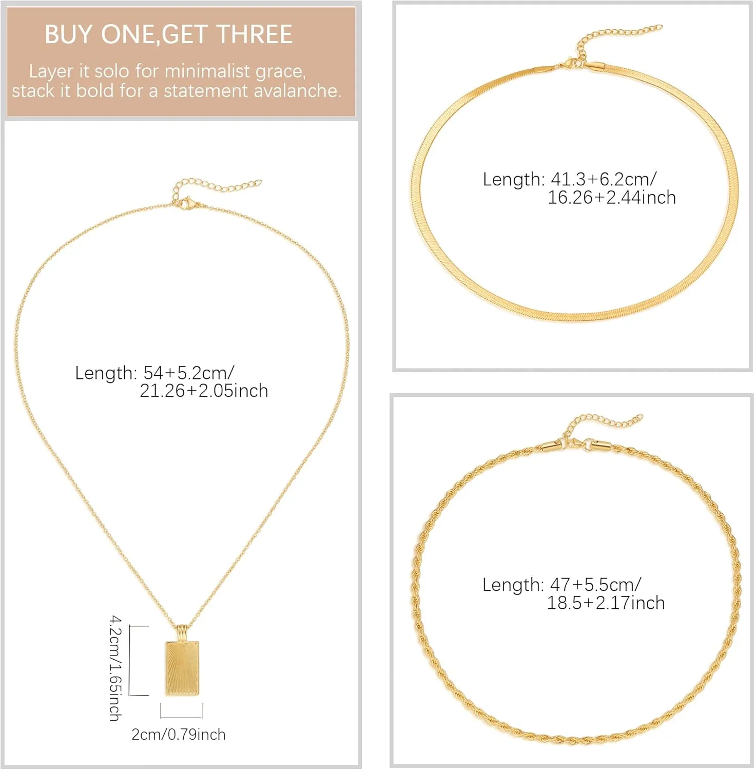 Evabelle Gold Layered Necklace for Women Trendy Jewelry 14K Real Gold Plated Chunky Chain Stackable Necklaces Dainty Choker Necklaces Rectangle Square Necklace