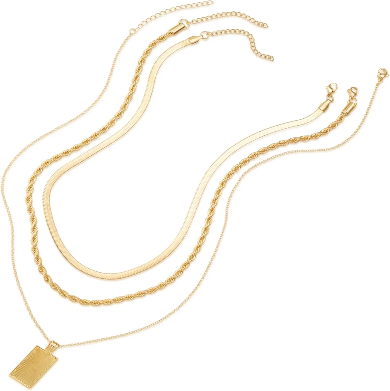 Evabelle Gold Layered Necklace for Women Trendy Jewelry 14K Real Gold Plated Chunky Chain Stackable Necklaces Dainty Choker Necklaces Rectangle Square Necklace