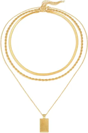 Evabelle Gold Layered Necklace for Women Trendy Jewelry 14K Real Gold Plated Chunky Chain Stackable Necklaces Dainty Choker Necklaces Rectangle Square Necklace