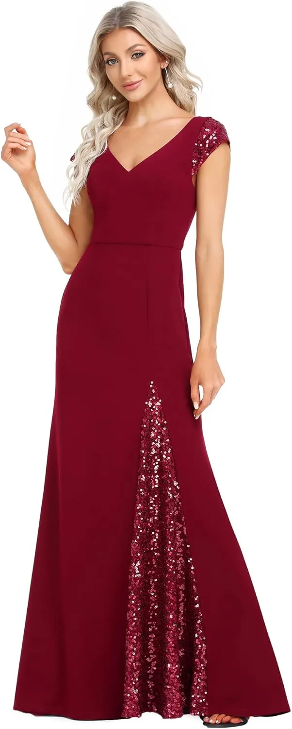Ever-Pretty Women's V-Neck Cap Sleeves Sequin Mermaid Floor-Length Evening Dresses 01586