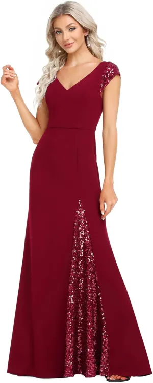 Ever-Pretty Women's V-Neck Cap Sleeves Sequin Mermaid Floor-Length Evening Dresses 01586