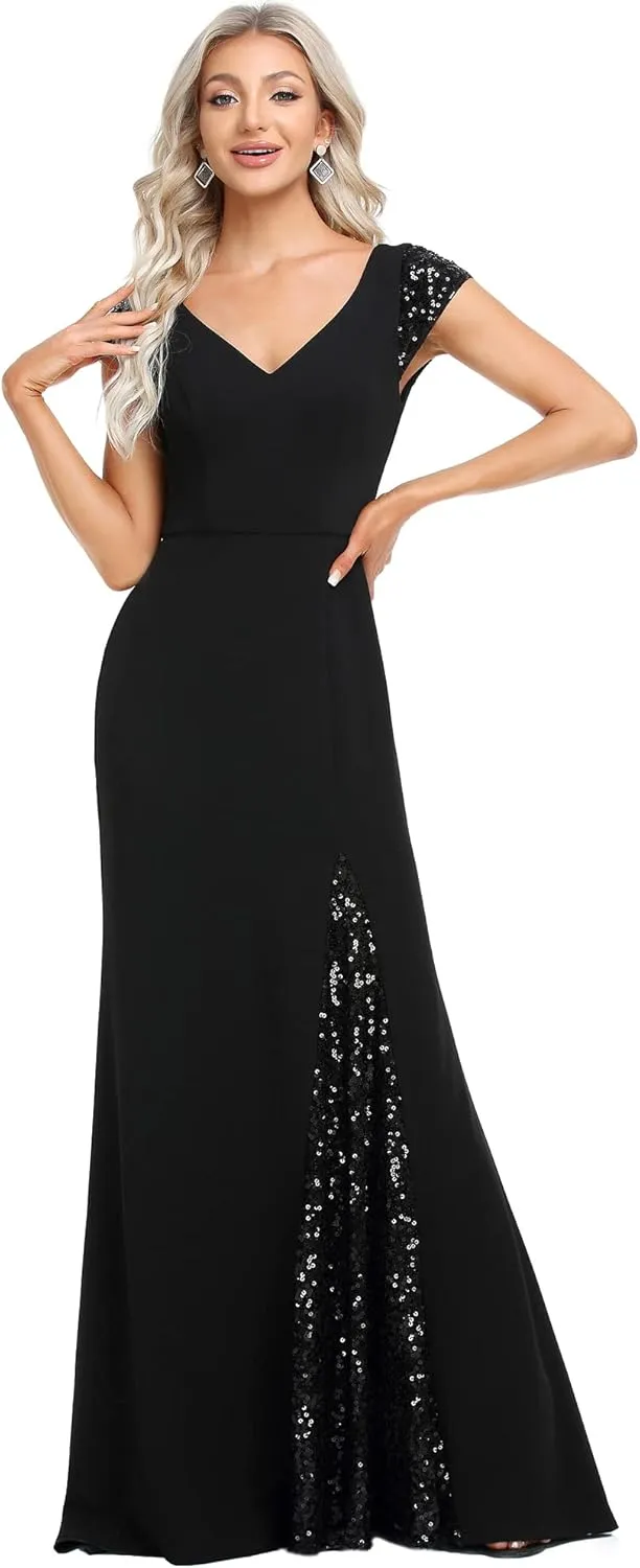 Ever-Pretty Women's V-Neck Cap Sleeves Sequin Mermaid Floor-Length Evening Dresses 01586