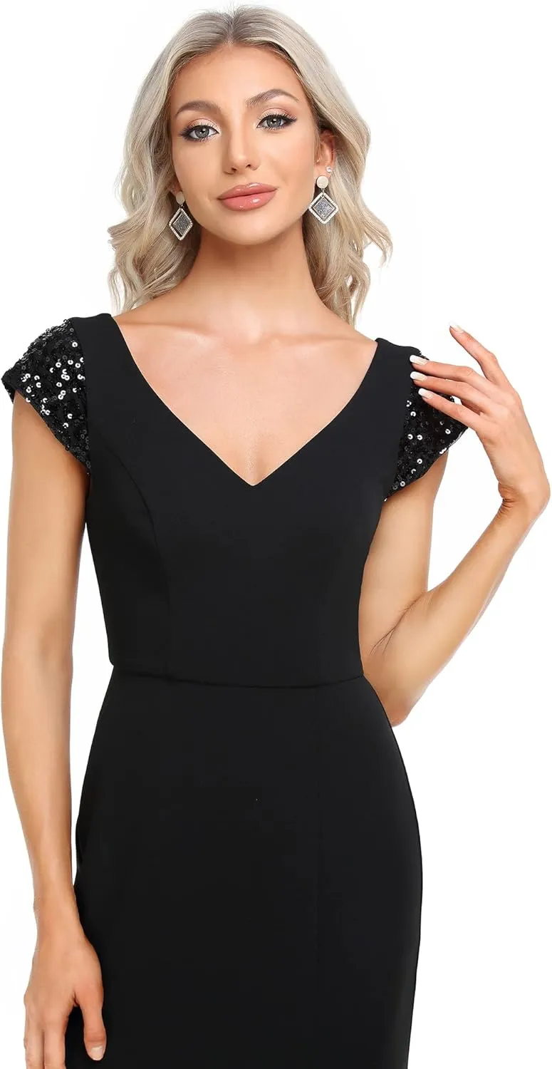 Ever-Pretty Women's V-Neck Cap Sleeves Sequin Mermaid Floor-Length Evening Dresses 01586