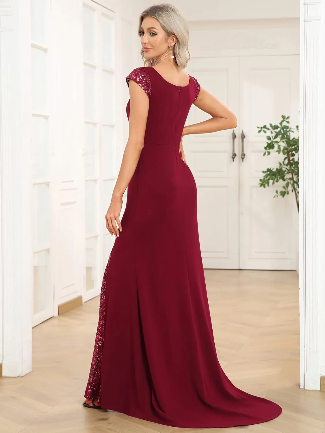 Ever-Pretty Women's V-Neck Cap Sleeves Sequin Mermaid Floor-Length Evening Dresses 01586