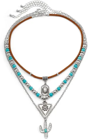 EVKILKJS Boho Layered Western Necklaces for Women,Turquoise Layered Cowboy Necklace Western Country Concert Stack Cactus Pendant Necklaces Jewelry Cowgirl Dresses Accessories