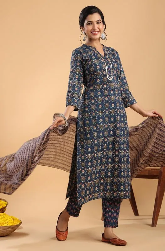 Exquisite Dark Blue Cotton Ethnic Motifs Straight Kurta Set (D1317)
