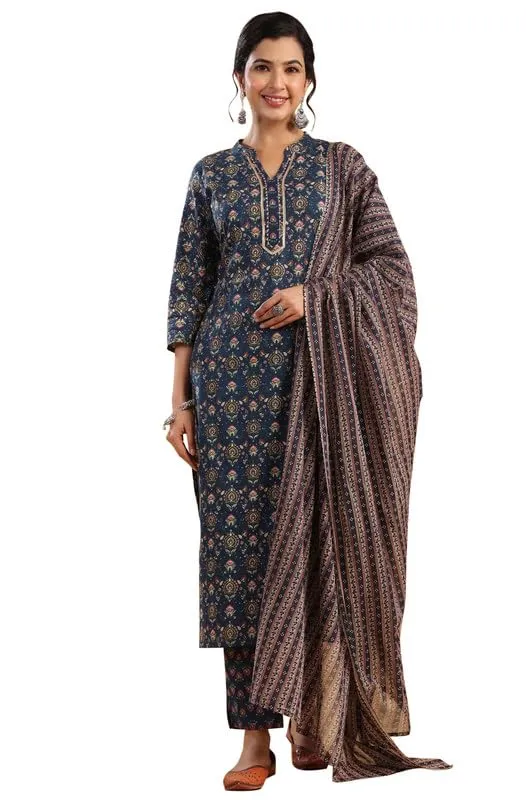 Exquisite Dark Blue Cotton Ethnic Motifs Straight Kurta Set (D1317)