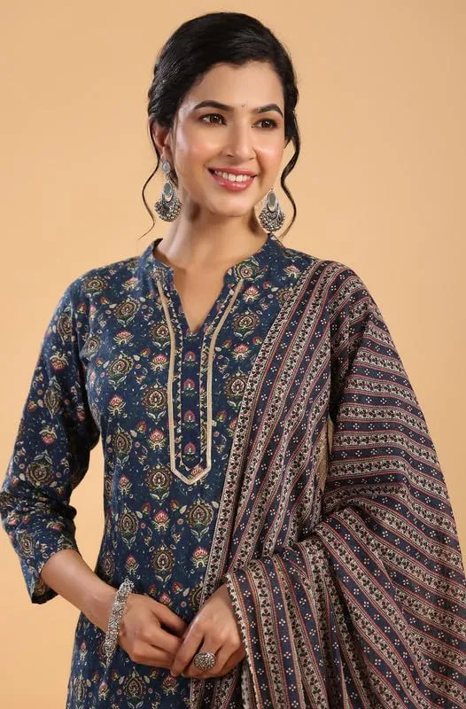 Exquisite Dark Blue Cotton Ethnic Motifs Straight Kurta Set (D1317)