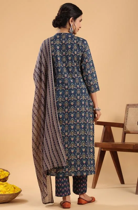 Exquisite Dark Blue Cotton Ethnic Motifs Straight Kurta Set (D1317)