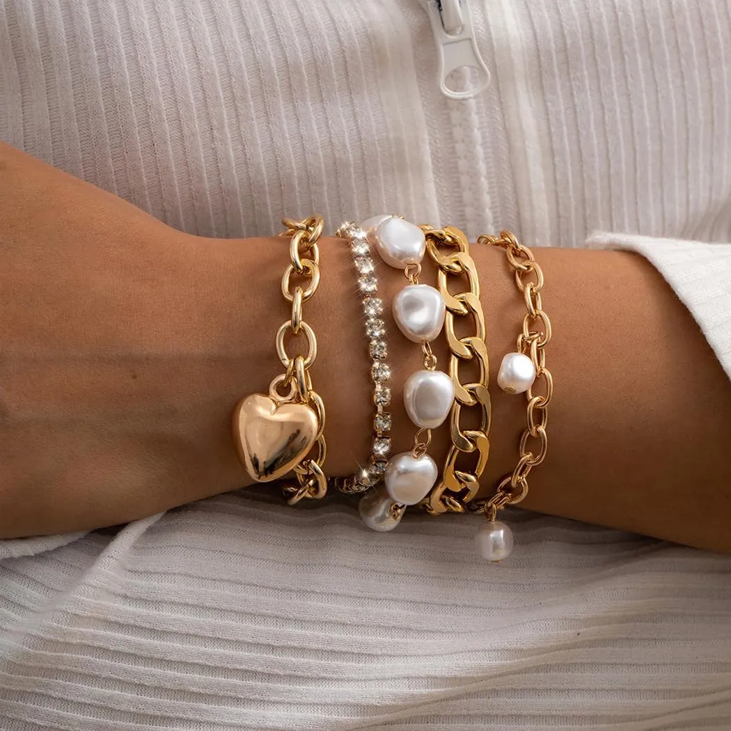 Fashion Layered Gold Pearls Bracelets Set for Women Chunky Cuban Link Chain Bangles Boho Adjustable Rhinestone Heart Bracelets Jewelry Gift