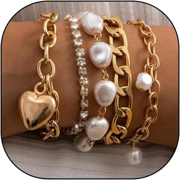 Fashion Layered Gold Pearls Bracelets Set for Women Chunky Cuban Link Chain Bangles Boho Adjustable Rhinestone Heart Bracelets Jewelry Gift