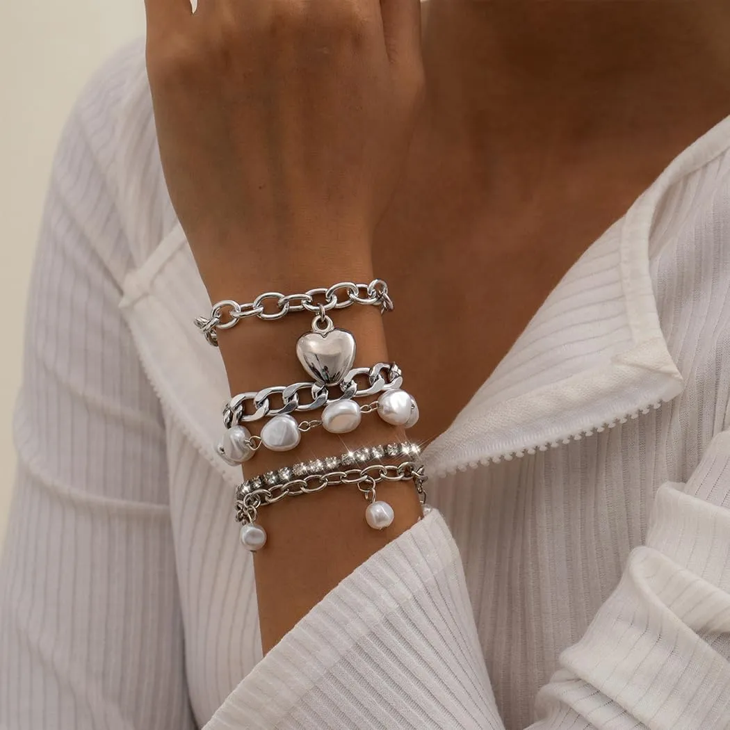Fashion Layered Gold Pearls Bracelets Set for Women Chunky Cuban Link Chain Bangles Boho Adjustable Rhinestone Heart Bracelets Jewelry Gift