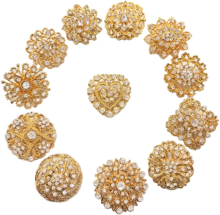 Fashion Lot 12pcs Rhinestone Crystal Flower Wedding Brooches Pins Set