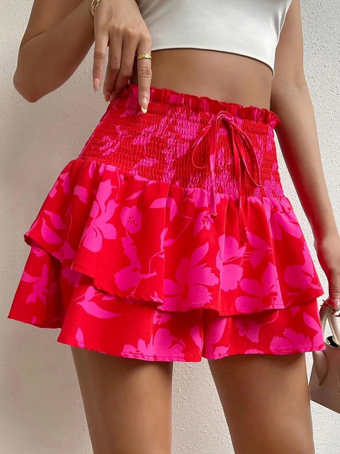 Floerns Women's Floral Print Layered Hem Skorts Shirred Elastic Waist Boho Skirt Shorts