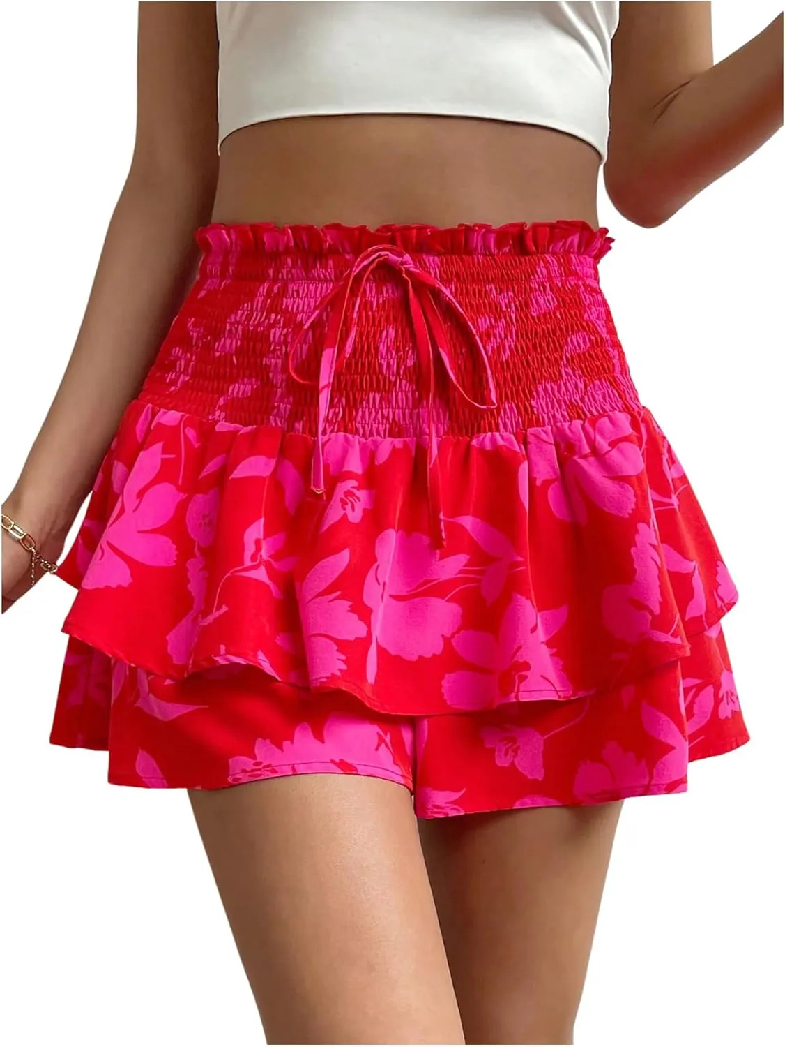 Floerns Women's Floral Print Layered Hem Skorts Shirred Elastic Waist Boho Skirt Shorts