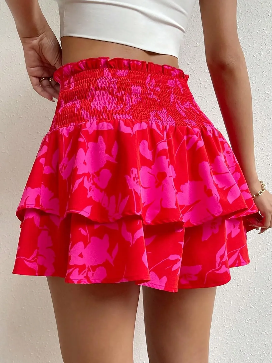 Floerns Women's Floral Print Layered Hem Skorts Shirred Elastic Waist Boho Skirt Shorts