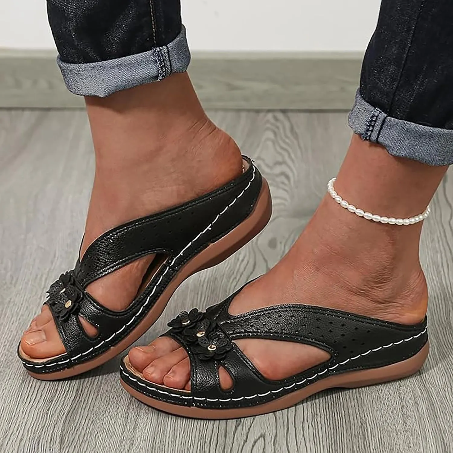 Flower Sandals for Women Dressy Orthopedic Leather Slip On Sandals Cute Open Toe Hollow Out Low Wedge Slides