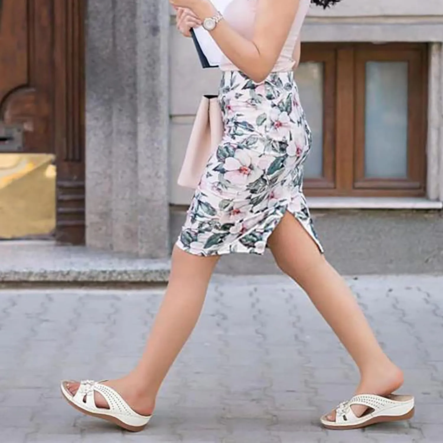 Flower Sandals for Women Dressy Orthopedic Leather Slip On Sandals Cute Open Toe Hollow Out Low Wedge Slides