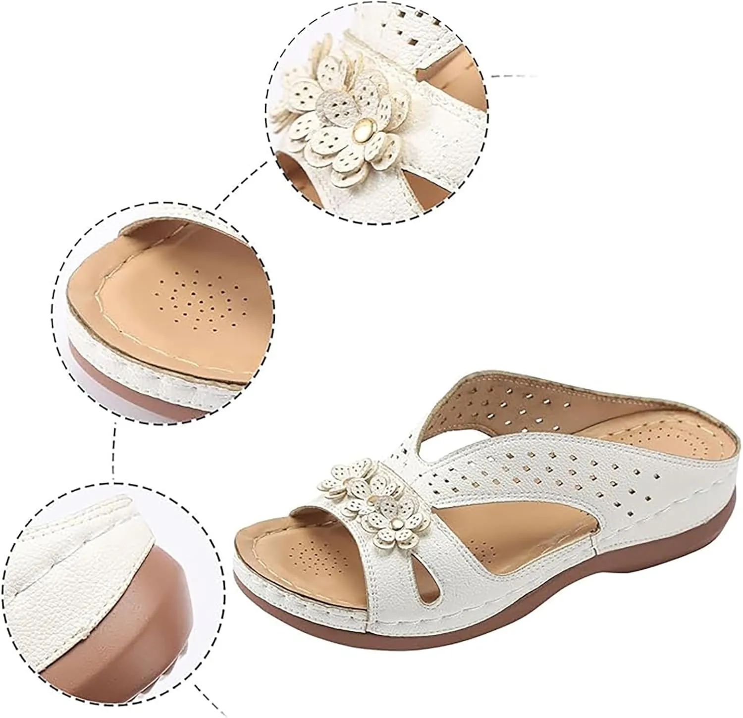 Flower Sandals for Women Dressy Orthopedic Leather Slip On Sandals Cute Open Toe Hollow Out Low Wedge Slides