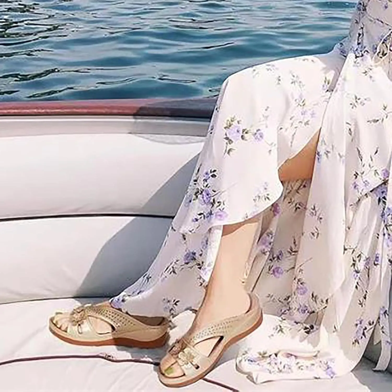Flower Sandals for Women Dressy Orthopedic Leather Slip On Sandals Cute Open Toe Hollow Out Low Wedge Slides