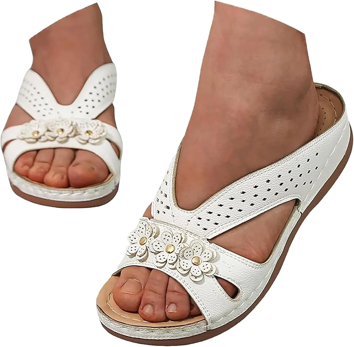 Flower Sandals for Women Dressy Orthopedic Leather Slip On Sandals Cute Open Toe Hollow Out Low Wedge Slides