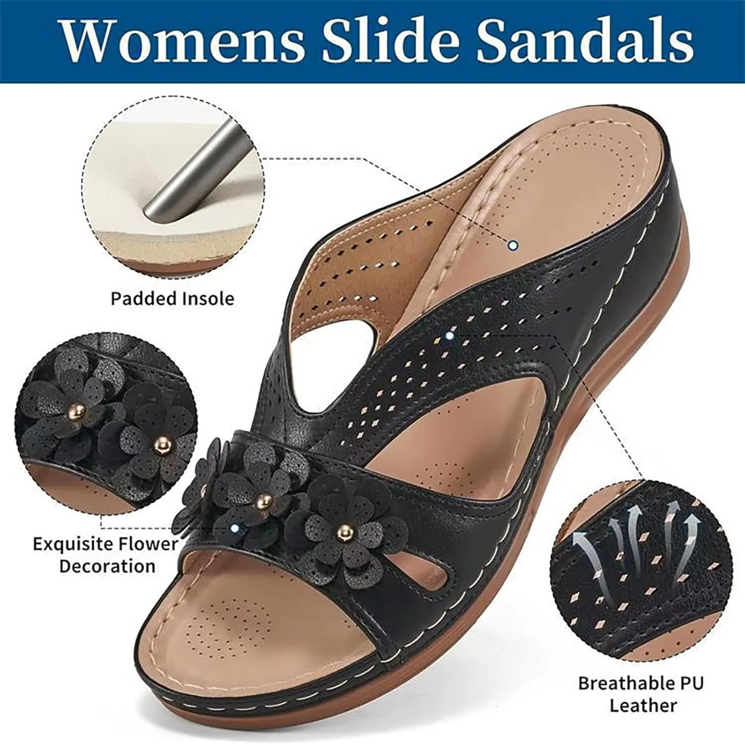 Flower Sandals for Women Dressy Orthopedic Leather Slip On Sandals Cute Open Toe Hollow Out Low Wedge Slides