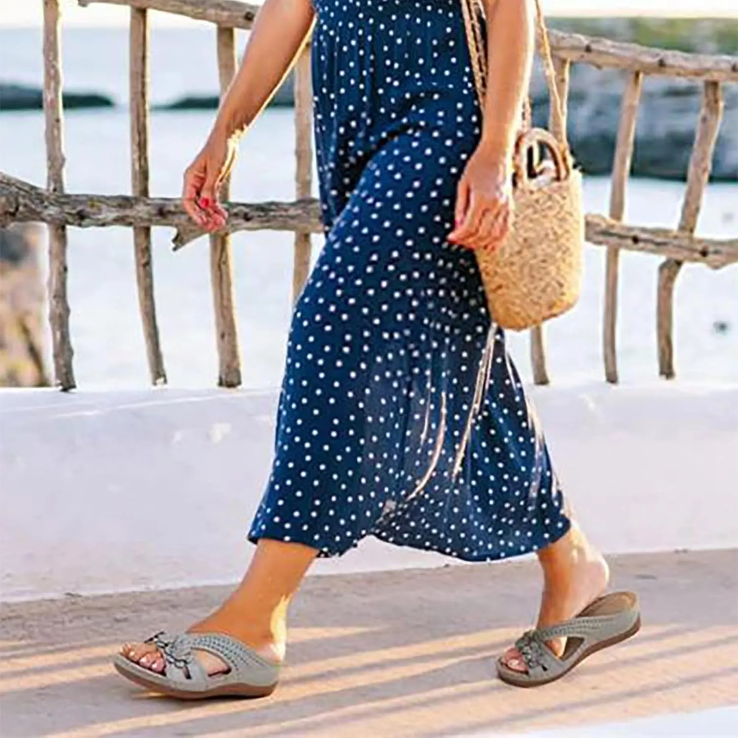Flower Sandals for Women Dressy Orthopedic Leather Slip On Sandals Cute Open Toe Hollow Out Low Wedge Slides